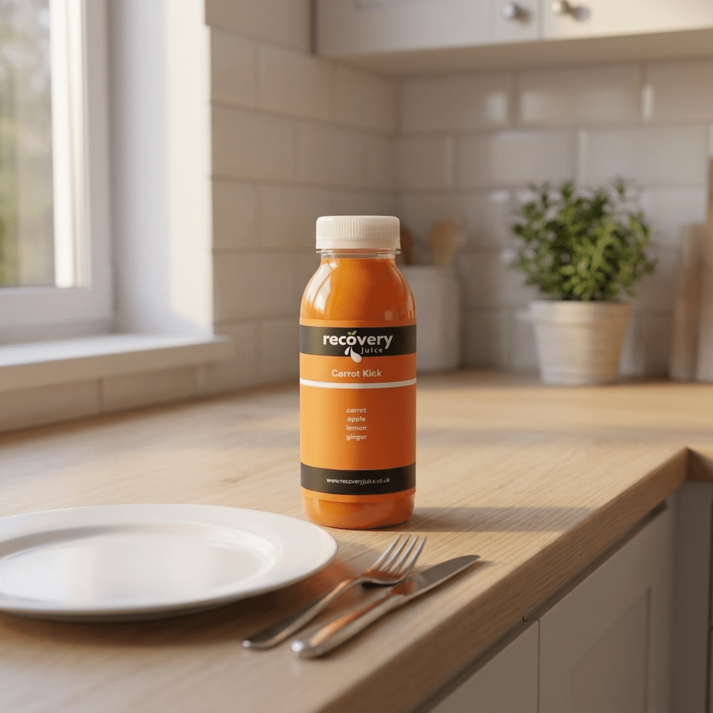 Cold-pressed juice from the Juice ’Til Dinner plan enjoyed before an evening meal
