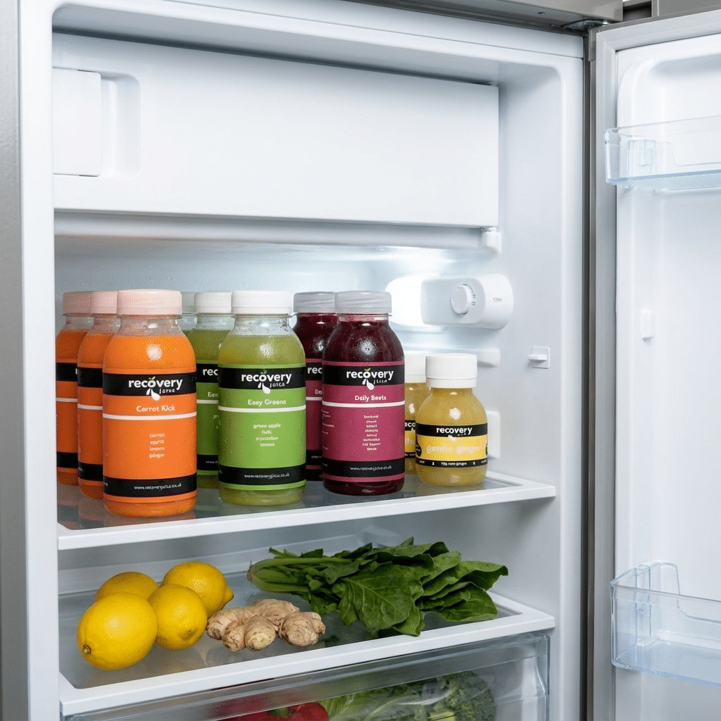 Juice ’Til Dinner cold-pressed juices stored in the fridge ready to drink