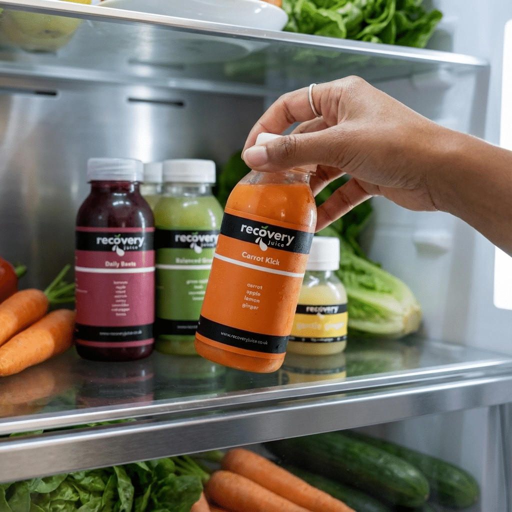 Person reaching for a cold-pressed juice from the fridge on the Juice ’Til Dinner plan