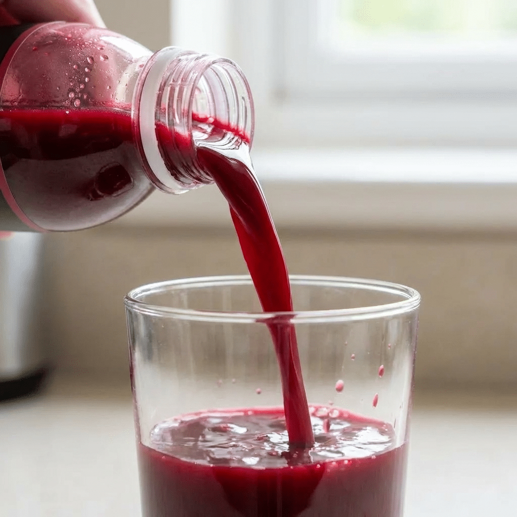 Beetroot juice being poured into a glass showing the deep ruby colour of fresh cold-pressed beetroot juice.