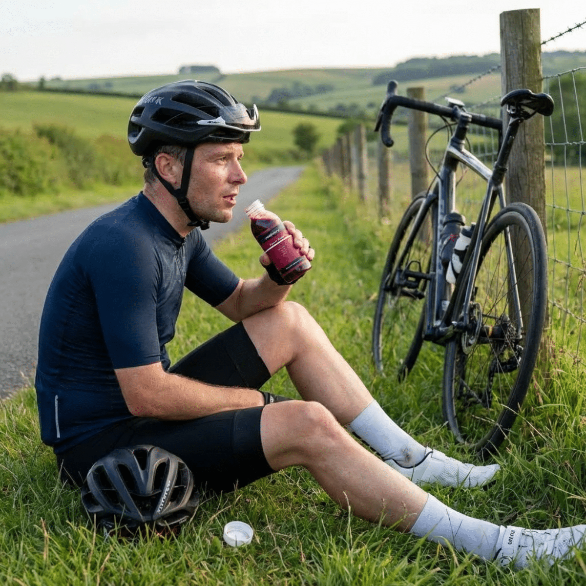 Cyclist resting after a ride and drinking beetroot juice for energy and endurance.