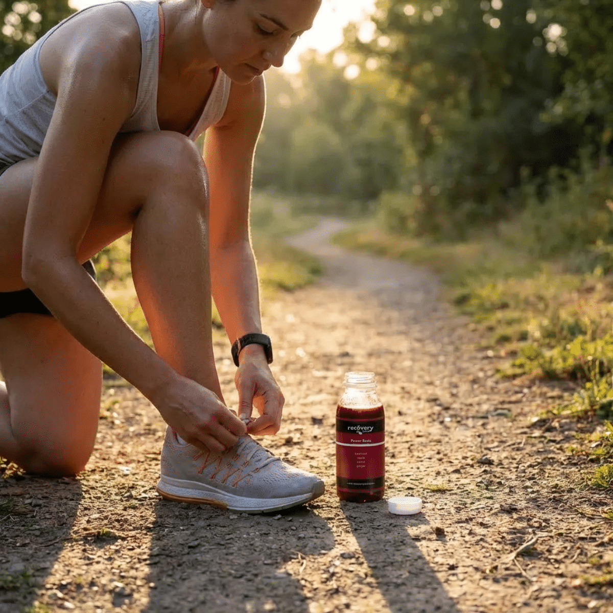 Runner tying shoelaces before a run with a bottle of beetroot juice for natural energy and stamina.