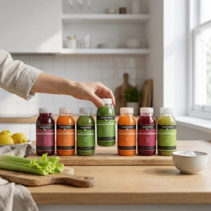 Cold-pressed juice bottles on a kitchen counter - find your perfect juice with our quiz
