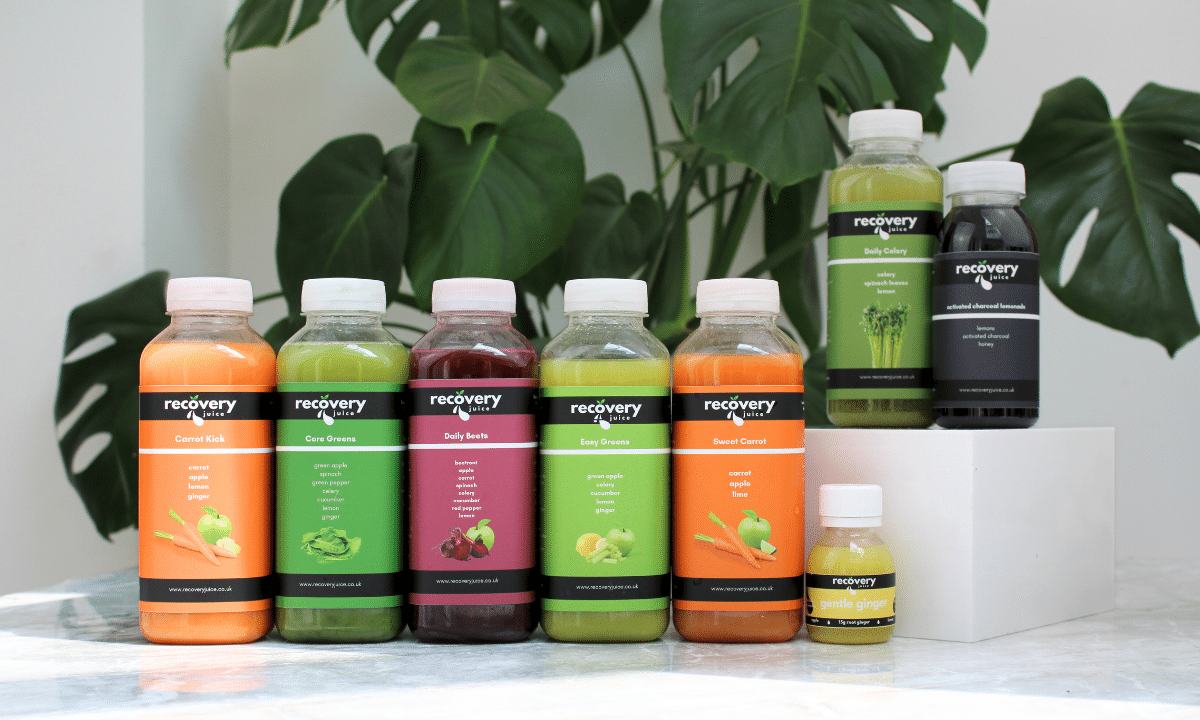 Cold-pressed juices from a 3 day juice cleanse UK plan, including detox blends, charcoal juice, and fasting-friendly green juices.