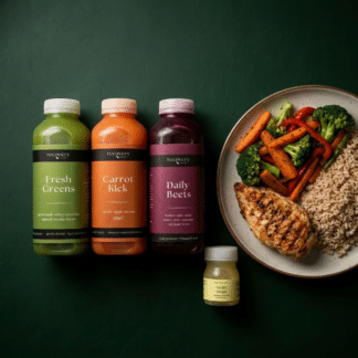 Recovery Juice 5-Day Juice Cleanse — one day's Fresh Greens, Carrot Kick, Daily Beets and Gentle Ginger shot bottles on a dark green background, alongside a grilled chicken, roasted vegetables and wholegrain rice evening meal