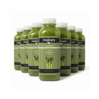7 Day Celery Juice Cleanse with seven Daily Celery bottles on pure white background