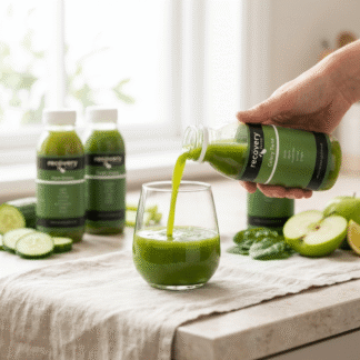 Hand pouring green cold-pressed juice from All The Greens bundle into a glass in a bright kitchen setting