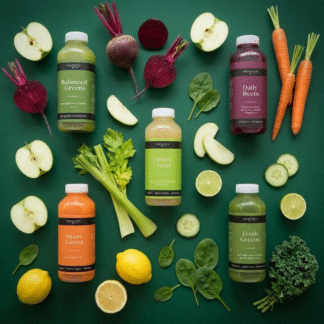 Five Recovery Juice classic cleanse bottles arranged with fresh beetroot, carrot, green apple, celery, cucumber, kale, spinach, lemon and lime on a dark green background
