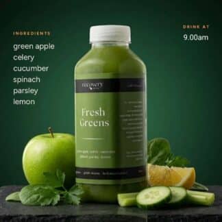 Recovery Juice Fresh Greens bottle with apple, celery, cucumber, spinach, lemon and parsley drink at 9:00am