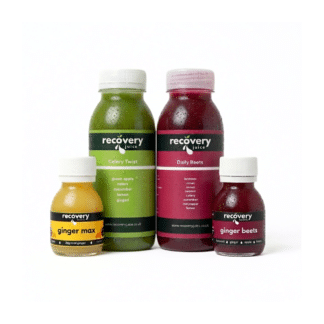 Beetroot juice gut health bundle with Daily Beets, celery juice and ginger shots on white background