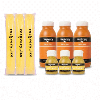 Natural nausea relief bundle with ginger shots, carrot juice, and cold-pressed ice pops for chemotherapy support, morning sickness, travel sickness, and recovery.