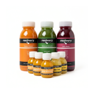 Starter Juice & Shot Box with Sweet Carrot, Balanced Greens and Daily Beets cold-pressed juices and ginger shots, on a white background