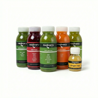 Cold-pressed juice bundle UK with greens, beetroot, carrot and ginger wellness shot from Recovery Juice.