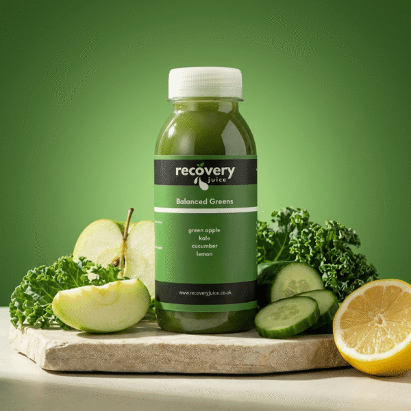Balanced Greens cold-pressed green juice with kale, apple, cucumber and lemon