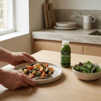 Balanced Greens green juice bottle on kitchen table beside a light savoury meal