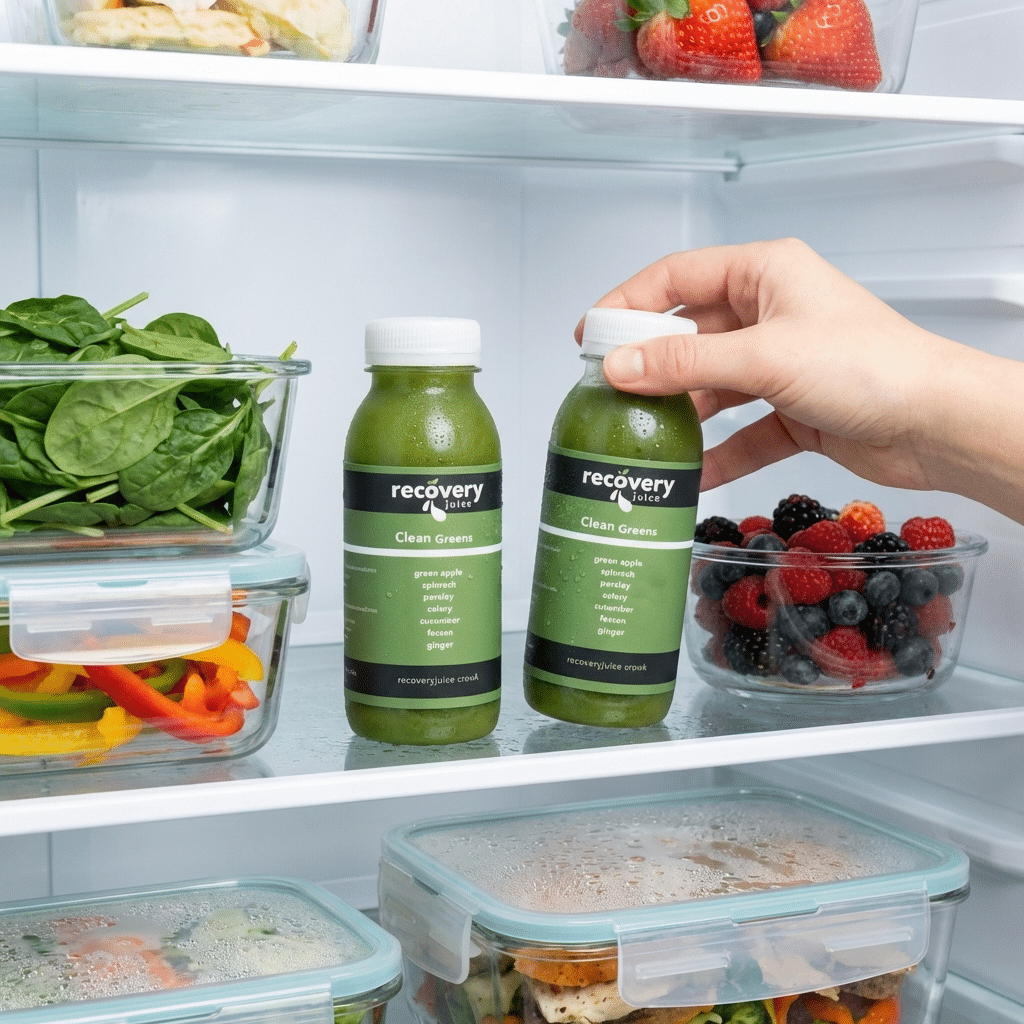 Hand reaching into a fridge to grab a bottle of Clean Greens green juice