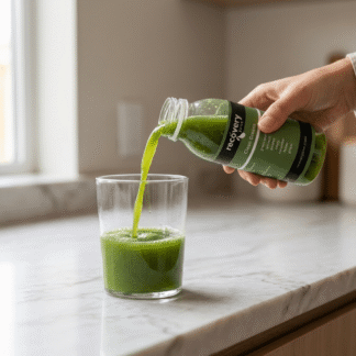 Clean Greens juice being poured into a glass in a bright kitchen