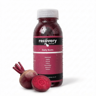 Bottle of Daily Beets cold-pressed beetroot juice with fresh beetroot, supporting circulation and healthy blood pressure.