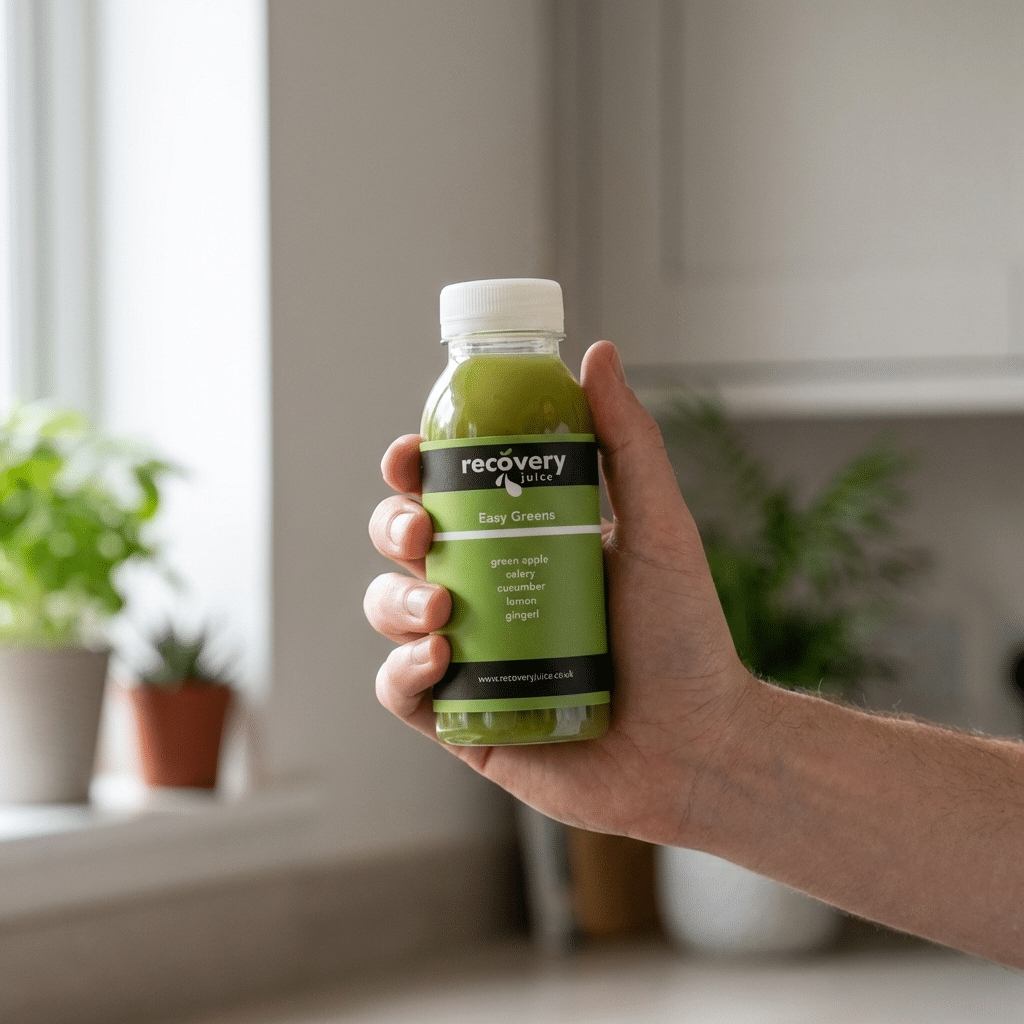 Hand holding a 250ml Easy Greens celery-led green juice bottle