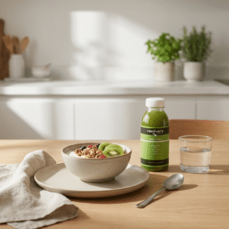 Easy Greens celery green juice served beside a light breakfast on a kitchen table