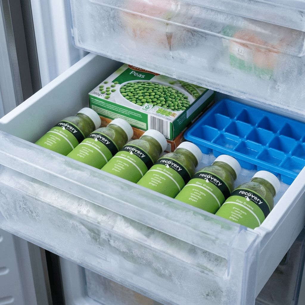 Easy Greens 250ml green juice bottles stored neatly in a freezer drawer