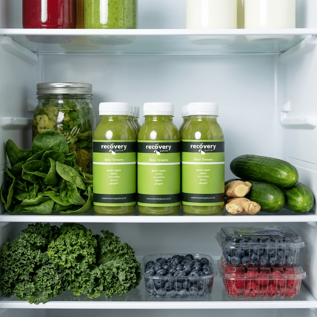 Easy Greens celery green juice bottles stored on a fridge shelf with vegetables