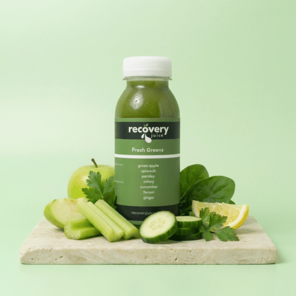 Fresh Greens cold-pressed green juice with celery, cucumber, spinach and parsley