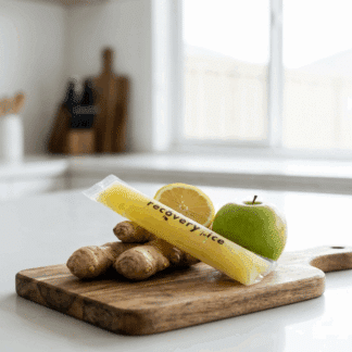 Cold-pressed ginger, green apple and lemon used to make Recovery Juice ginger ice pops