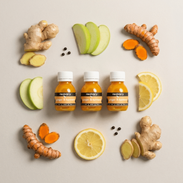 Cold-pressed ginger and turmeric shot with black pepper