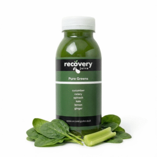 Pure Greens pure green juice bottle made with cucumber, celery, spinach, kale, lemon and ginger