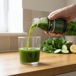 Pure Greens pure green juice being poured into a glass