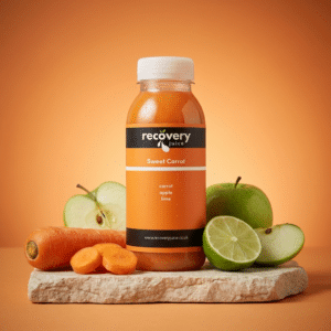 Sweet Carrot cold-pressed juice with apple, carrot and lime on stone slab with soft orange background