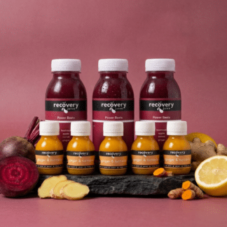 Beetroot juice bundle with ginger turmeric shots for natural energy and recovery.