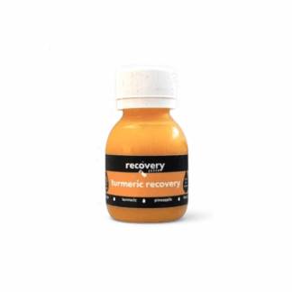 Cold-pressed turmeric shots UK on a white background showing the 60ml bottle made with 40g raw turmeric root.