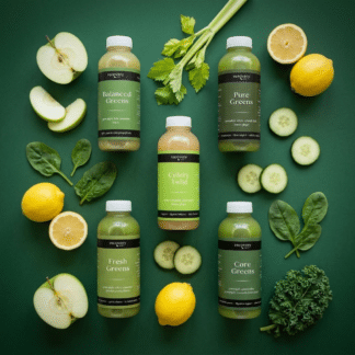 Five Recovery Juice green cleanse bottles arranged with fresh green apple, celery, cucumber, spinach, kale and lemon on a linen surface