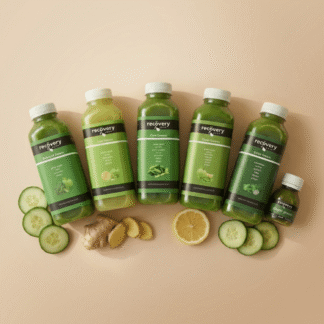 Green juice cleanse for gut health with cold pressed vegetable juices and celery
