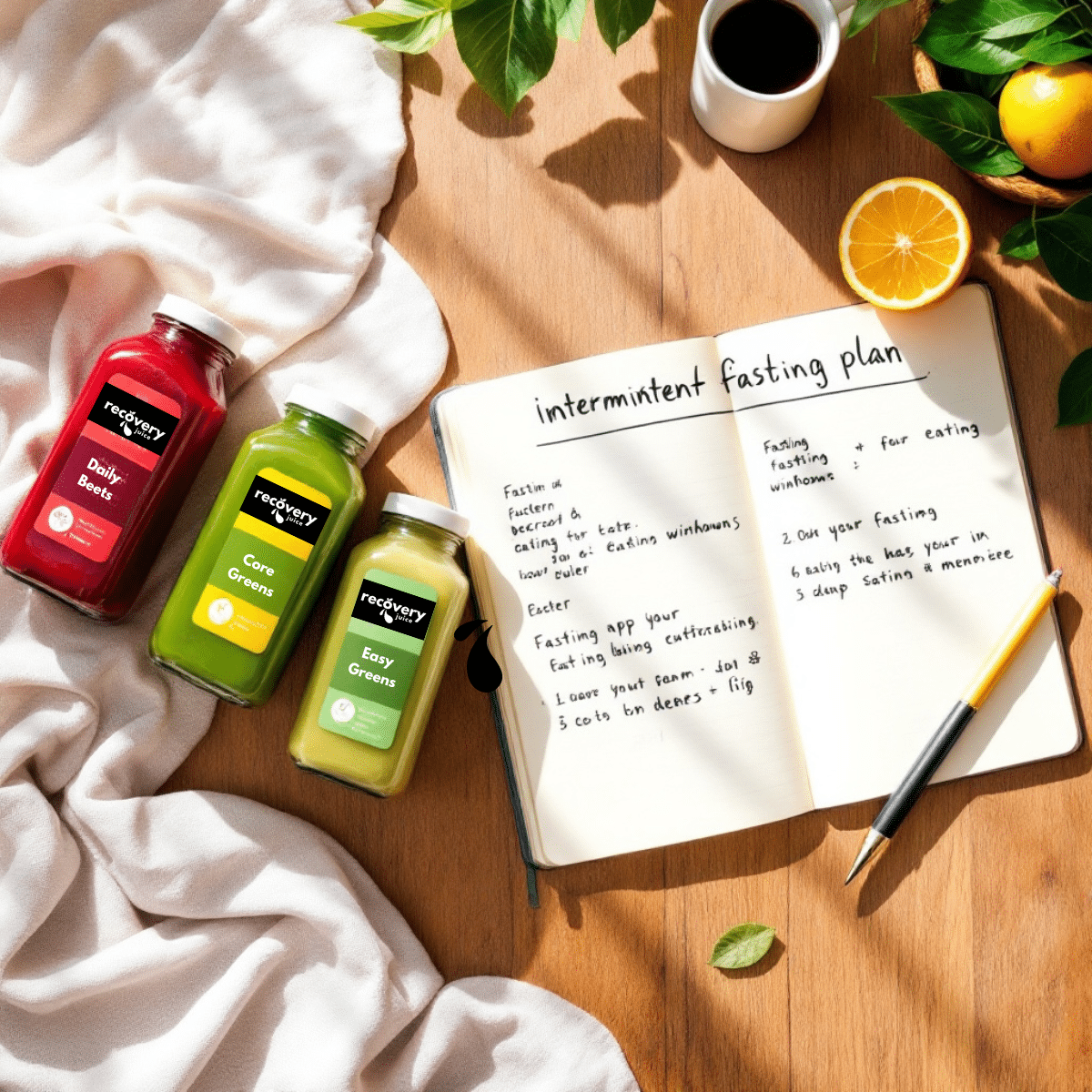 Intermittent fasting plan with Recovery Juice cold-pressed juices and journal notes