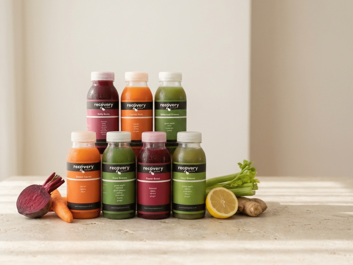 Cold-pressed juice bundles including beetroot, greens and carrot blends with fresh ingredients on display.