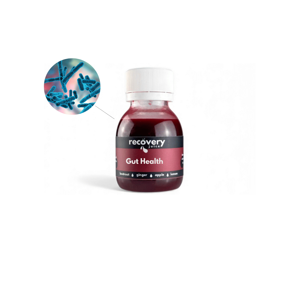 Cold-pressed Gut Health Shot – probiotic juice with beetroot, pineapple and ginger to support digestion, bloating relief and microbiome balance.