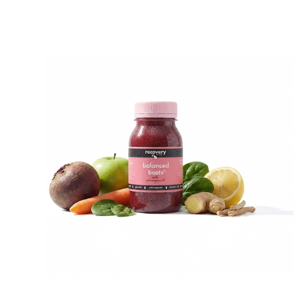 Balanced beetroot juice with carrot, spinach, lemon and ginger ingredients