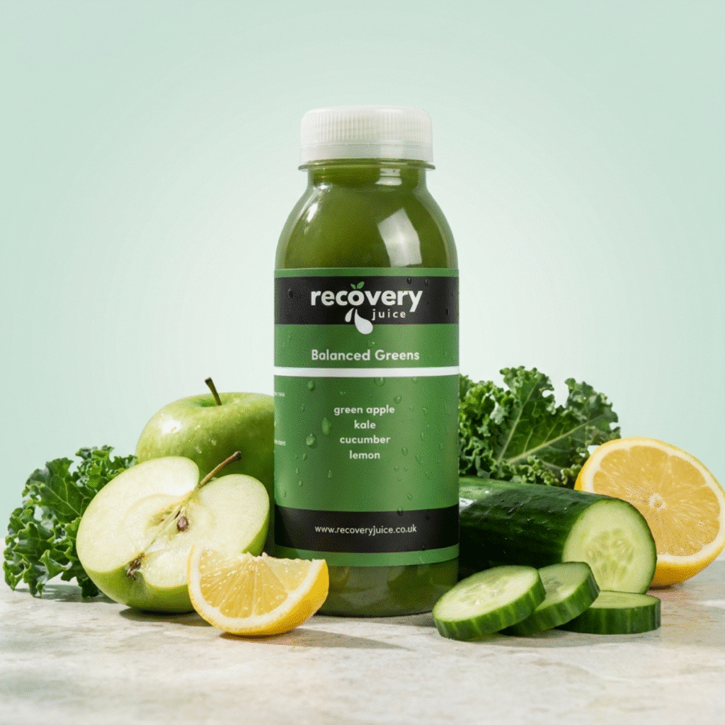 Balanced Greens green juice bottle with green apple, kale, cucumber and lemon ingredients