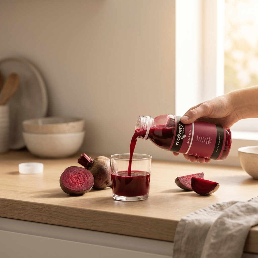 Hand pouring cold-pressed beetroot juice into a glass on a kitchen counter with fresh beetroot nearby.
