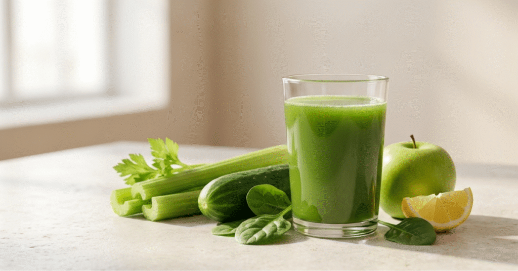 Cold-pressed green juice in a glass with celery, cucumber, apple and lemon – UK-wide frozen delivery