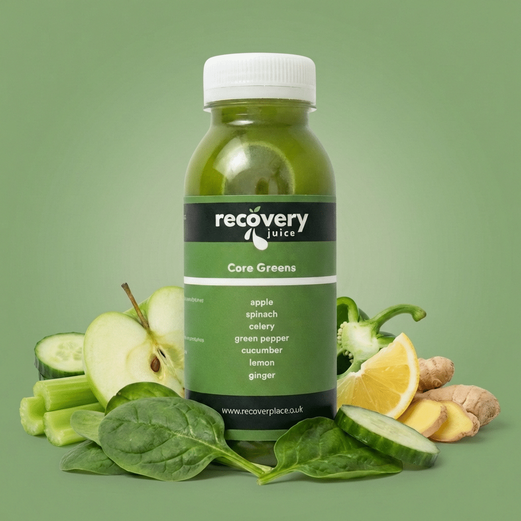 Core Greens green juice with apple, spinach, celery, cucumber, green pepper, lemon and ginger