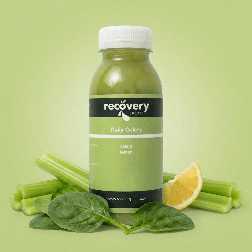 Daily Celery juice bottle with celery, lemon and spinach on a green background