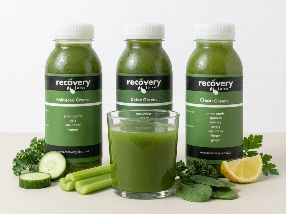 Cold-pressed green juices made with celery, cucumber and leafy greens, served fresh for daily digestion and natural energy
