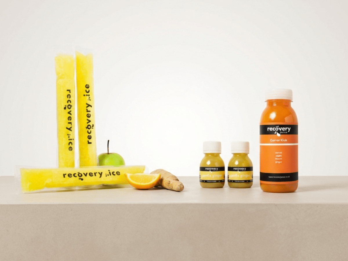 Natural nausea relief bundle featuring ginger ice pops, gentle ginger shots and carrot & ginger juice on a neutral base
