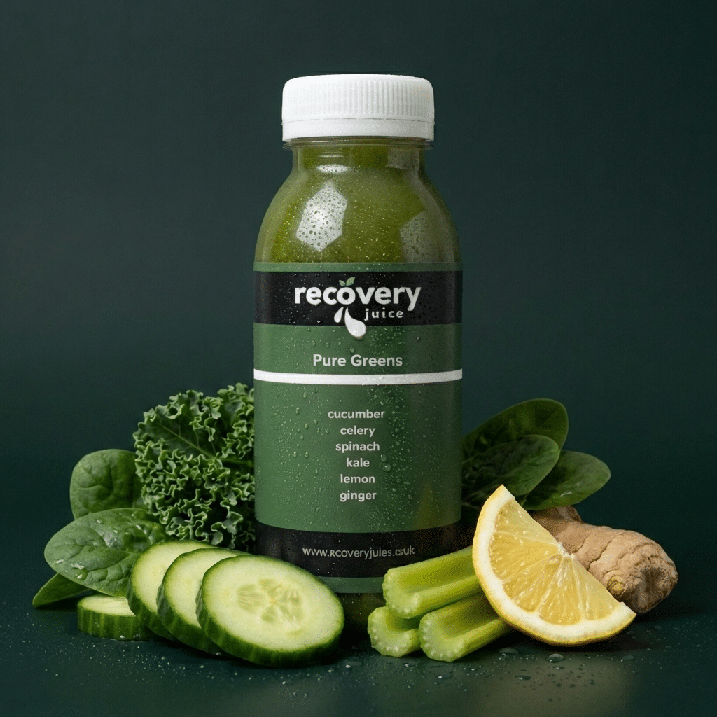 Pure Greens cold-pressed green juice with spinach, kale, cucumber, lemon and ginger displayed on a dark green background.