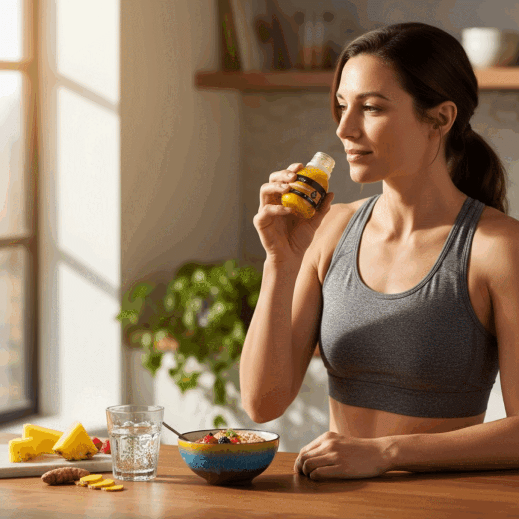 Woman enjoying a ginger and turmeric shot with breakfast, showing how easily cold-pressed shots fit into a healthy daily routine.