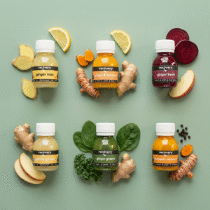 Mixed ginger shots variety box showing six cold-pressed ginger shots with fresh ingredients including ginger, turmeric, beetroot, apple, lemon and greens